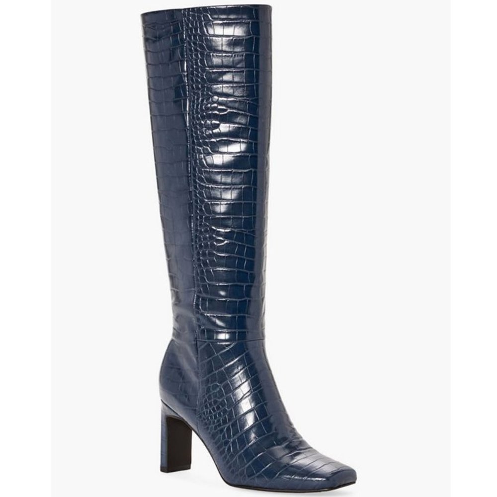 NWT Evelyn Heeled Dark Navy Croc Wide Calf Boot SZ 8